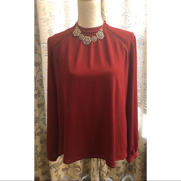 Express Red Long Sleeve Sheer Blouse - Picture 4 of 8